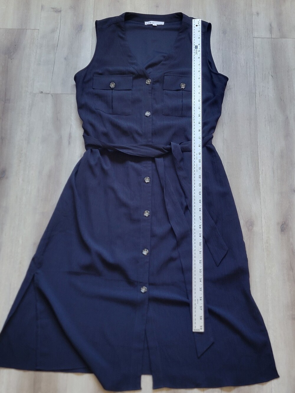 Sleeveless Navy Button-Front Shirt Dress with Tie Waist - Picture 2 of 10